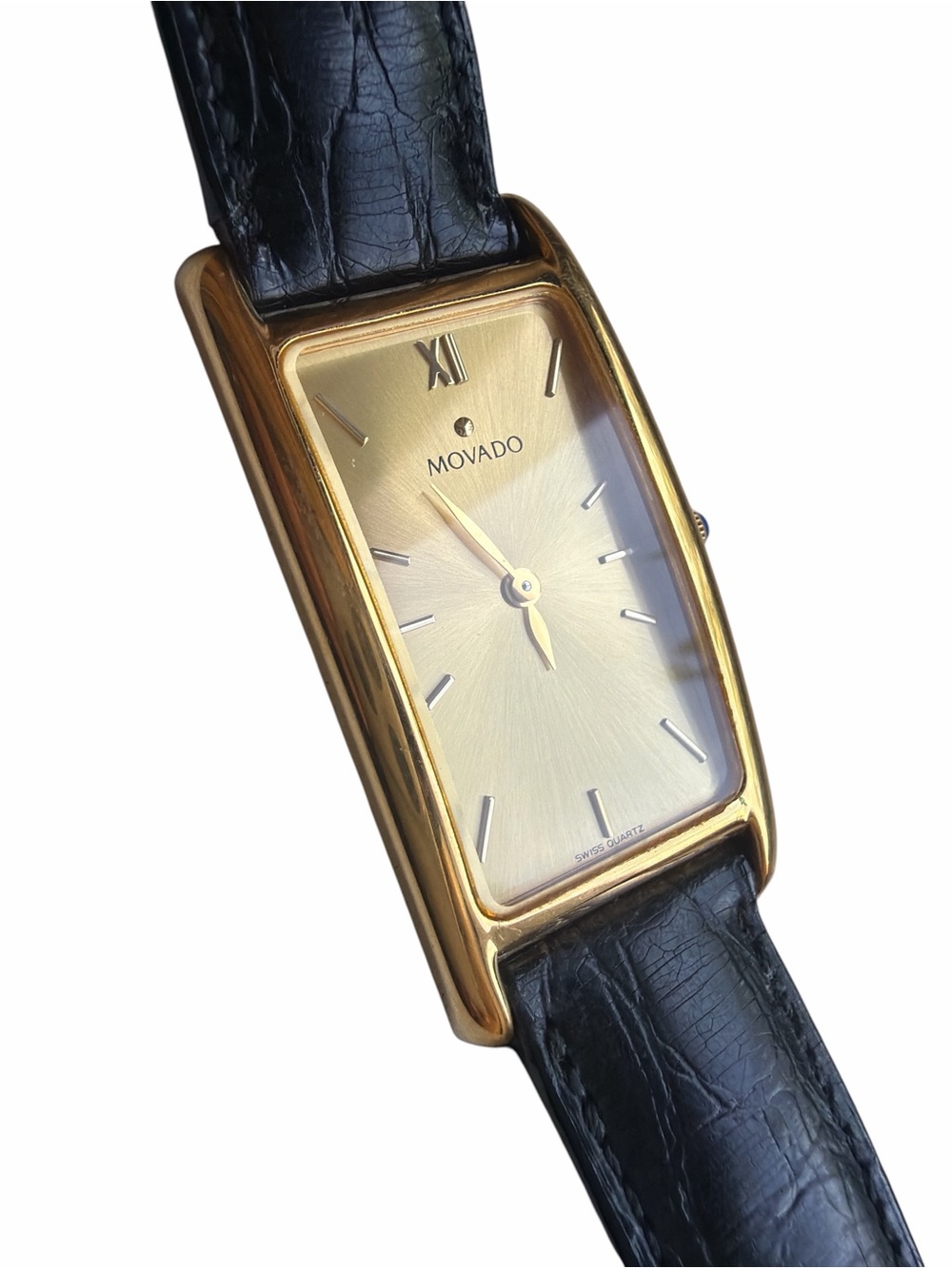 Vintage Movado 18k Gold Plated Tank Watch Black Leather Strap Sapphire Crown - Picture 5 of 16